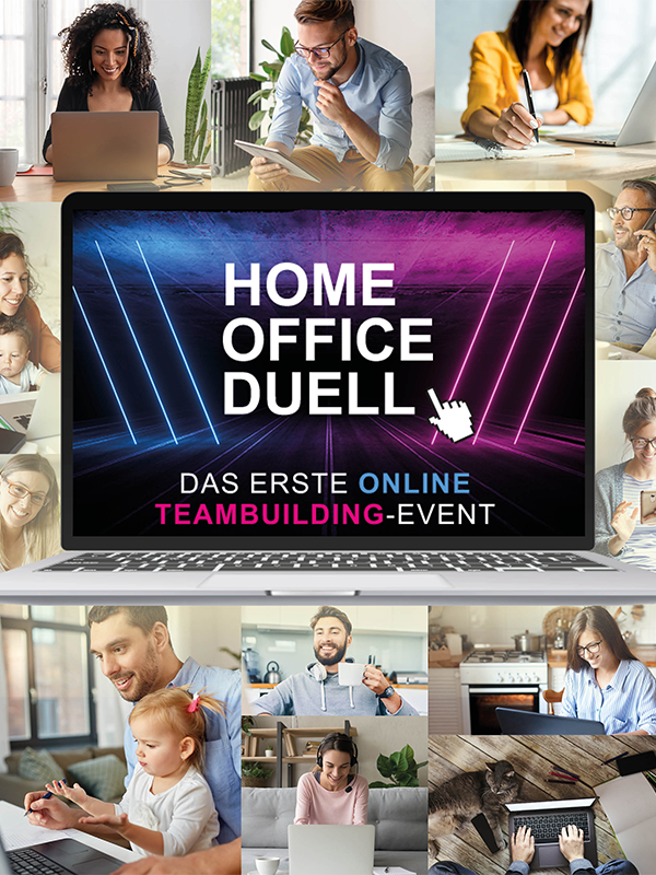 Collage mit Menschen im Videocall und Laptop-Grafik zum virtuellen Teamevent Home Office Duell im Homeoffice.